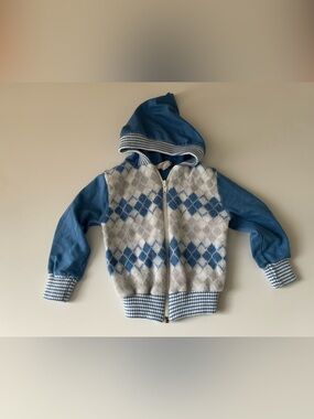Vintage 80s Sears Blue & White Argyle Hooded Zip Sweater